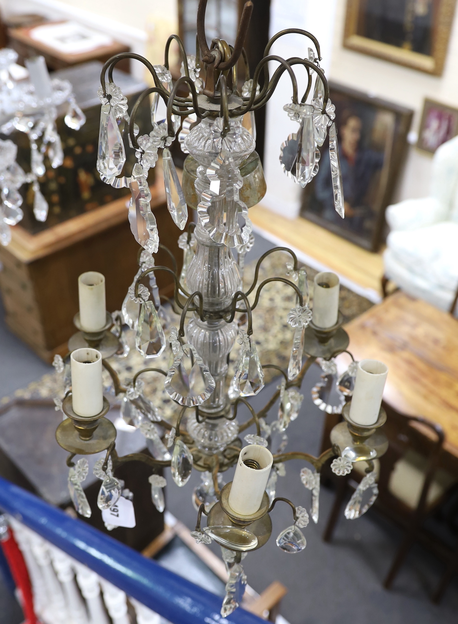 A large hanging glass chandelier